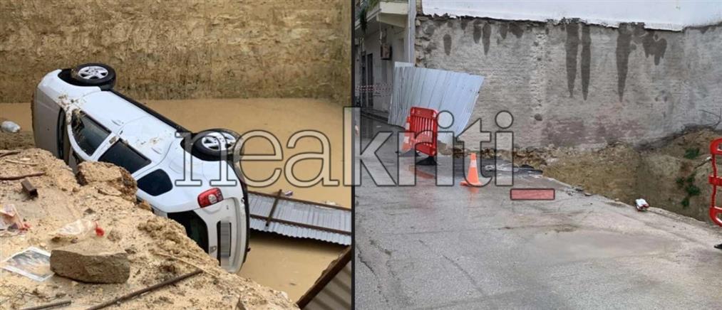 Ηράκλειο - Κακοκαιρία: Υποχώρησε το έδαφος και Ι.Χ. κατέληξε σε σκαμμένο οικόπεδο